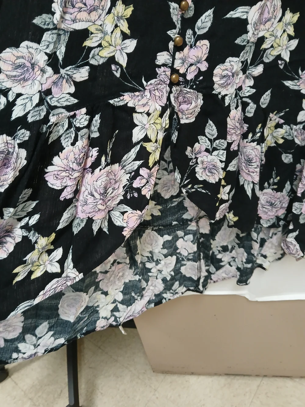 Rewind Black Floral Asymmetrical Midi Dress with Pink Roses